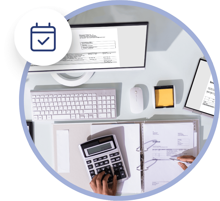 calendar icon hovering over a photo of an accountant performing bookkeeping services in North Port, FL at a tidy desk