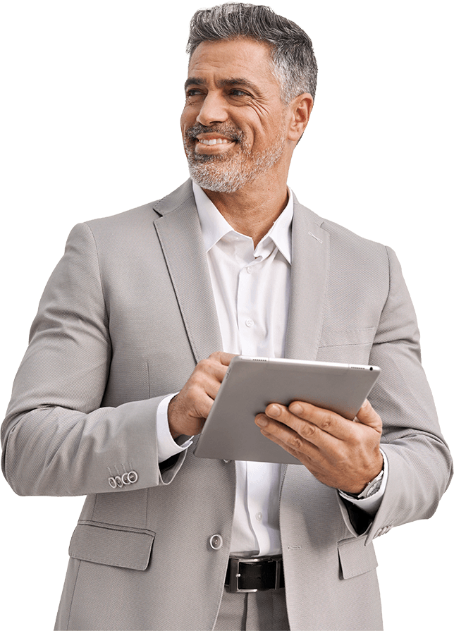 happy-mature-business-man-using-digital-tablet Happy mature business man using digital tablet, getting help with tax preparation