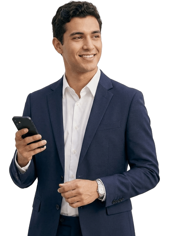 happy-young-business-man-with-smartphone young businessman with smartphone smiling because he his receiving help with his business payroll from MGR accounting